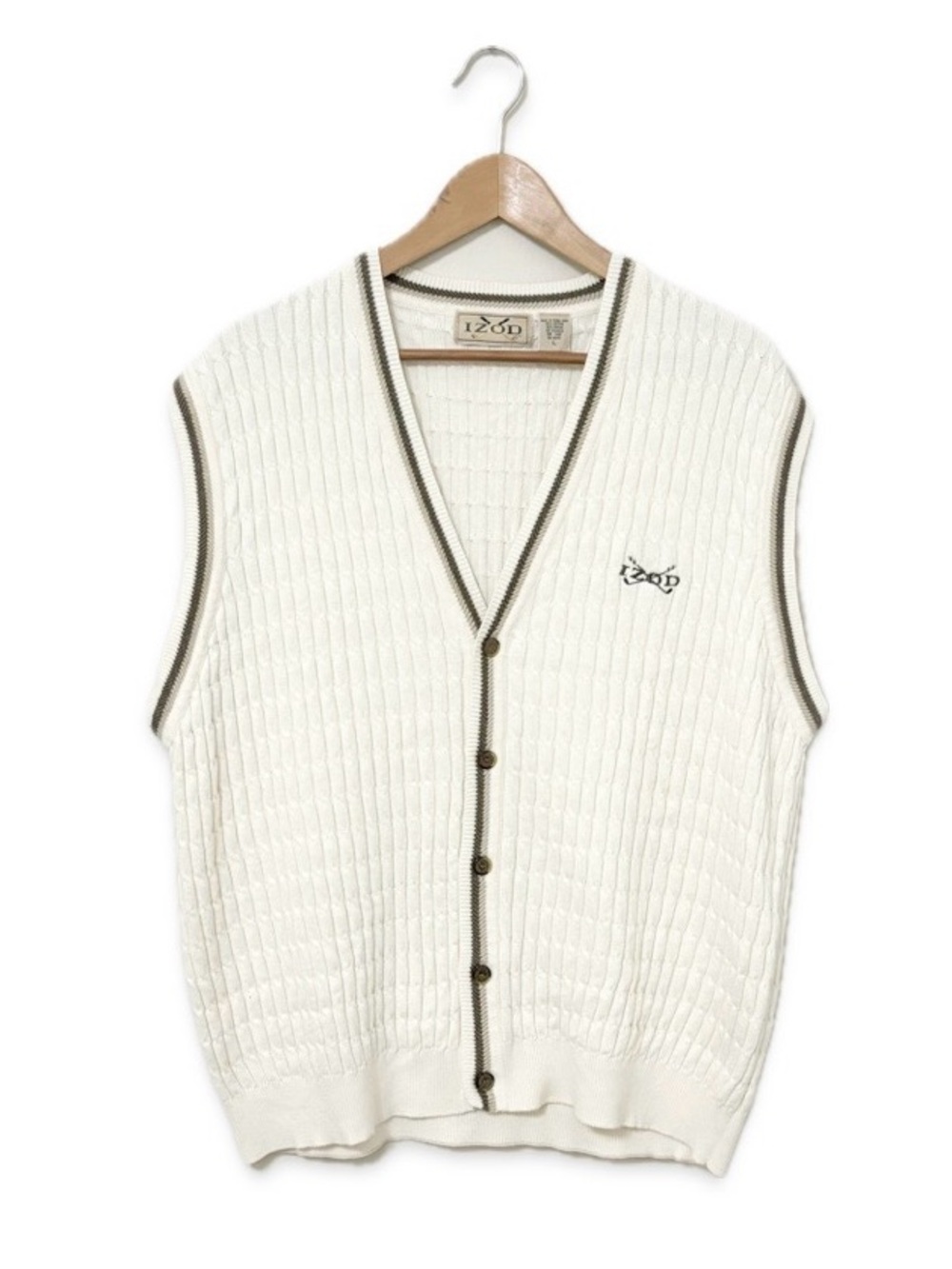 Vintage Izod Golf Cable Knit Sweater Vest Cream Ivory Preppy Button Men’s Size L
